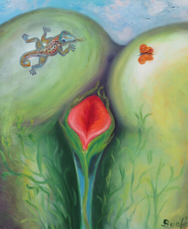 Painting titled "Gecko and Butterfly" by Bodhi Barta, Original Artwork, Acrylic