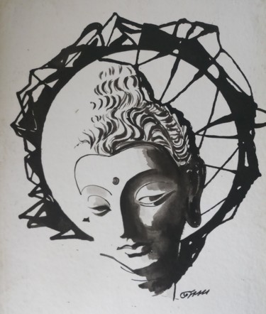 Malerei mit dem Titel "BUDDHA HEAD 04" von Bodhi Selvam, Original-Kunstwerk, Acryl