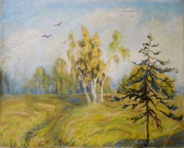 Painting titled "Summer landscape." by Ludmila Bodrova-Vind, Original Artwork, Oil Mounted on Wood Stretcher frame