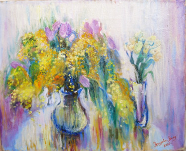 Painting titled "Spring flowers" by Ludmila Bodrova-Vind, Original Artwork, Oil Mounted on Wood Stretcher frame