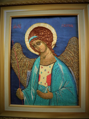 Textile Art titled "embroidered icon "A…" by Ludmila Bodrova-Vind, Original Artwork, Embroidery