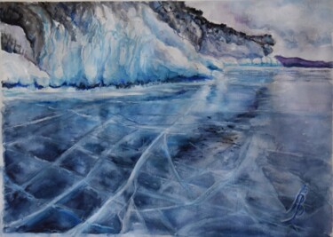 Pintura intitulada "Ice on the lake. La…" por Bogdalena Bah, Obras de arte originais, Aquarela