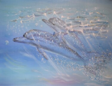 Painting titled "Dolphins and the se…" by Bogdalena Bah, Original Artwork, Oil Mounted on Wood Stretcher frame