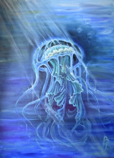 Ζωγραφική με τίτλο "Jellyfish. Depth." από Bogdalena Bah, Αυθεντικά έργα τέχνης, Λάδι Τοποθετήθηκε στο Ξύλινο φορείο σκελετό