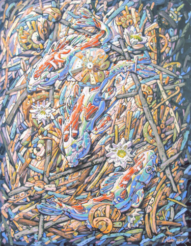 Pintura titulada "Carps in the pond." por Bogdan Dide, Obra de arte original, Oleo