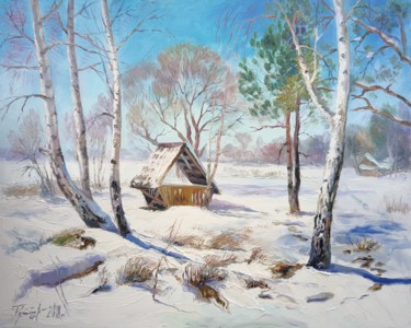 Painting titled "Birches by the wint…" by Bogdan Ermakov, Original Artwork, Oil