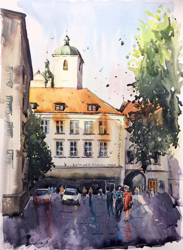 Painting titled "Prague Cityscape" by Bogdan Shiptenko, Original Artwork, Watercolor