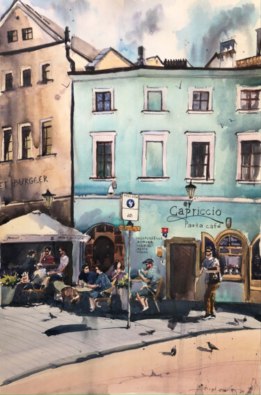 Schilderij getiteld "Prague Streets" door Bogdan Shiptenko, Origineel Kunstwerk, Aquarel