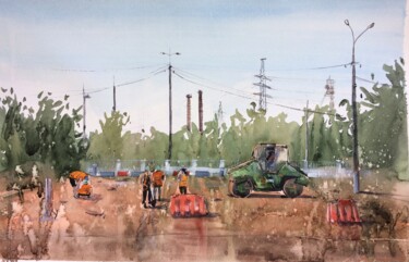 Schilderij getiteld "Road Workers" door Bogdan Shiptenko, Origineel Kunstwerk, Aquarel