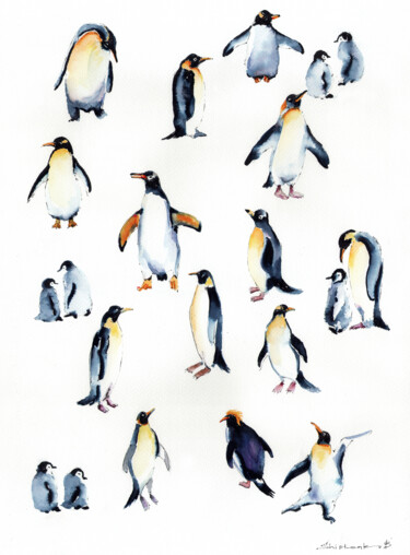 Pittura intitolato "Penguins" da Bogdan Shiptenko, Opera d'arte originale, Acquarello