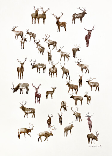 Картина под названием "Reindeer" - Bogdan Shiptenko, Подлинное произведение искусства, Акварель