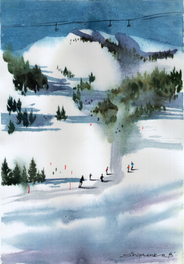 Schilderij getiteld "Aspen Snowmass" door Bogdan Shiptenko, Origineel Kunstwerk, Aquarel