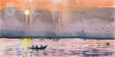Painting titled "Lake at Sunset" by Bogdan Shiptenko, Original Artwork, Watercolor