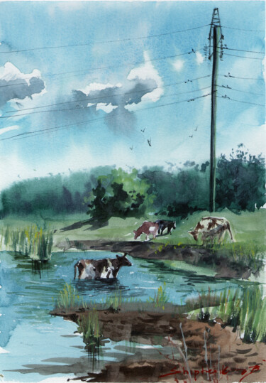 Painting titled "Ukrainian Cows" by Bogdan Shiptenko, Original Artwork, Watercolor