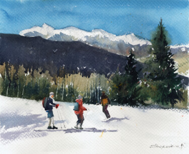 Pintura intitulada "Telluride Skiers" por Bogdan Shiptenko, Obras de arte originais, Aquarela