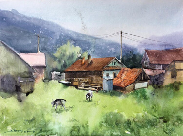 Painting titled "Yamna Village of Uk…" by Bogdan Shiptenko, Original Artwork, Watercolor