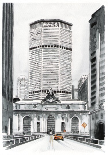 Schilderij getiteld "MetLife New York" door Bogdan Shiptenko, Origineel Kunstwerk, Aquarel