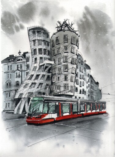 Картина под названием "dancing House Prague" - Bogdan Shiptenko, Подлинное произведение искусства, Акварель
