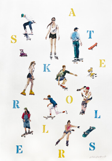 Schilderij getiteld "Skaters and Rollers" door Bogdan Shiptenko, Origineel Kunstwerk, Aquarel