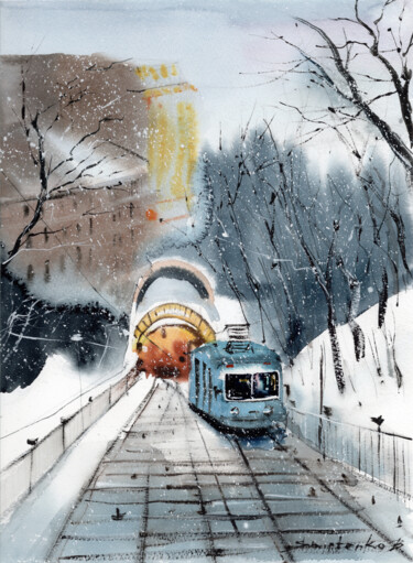 Malerei mit dem Titel "Funicular in Kyiv" von Bogdan Shiptenko, Original-Kunstwerk, Aquarell