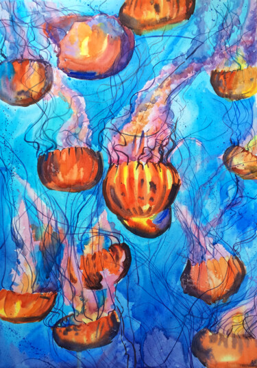 Ζωγραφική με τίτλο "Jellyfish" από Bogdan Shiptenko, Αυθεντικά έργα τέχνης, Ακουαρέλα
