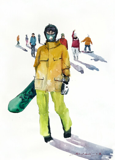 Pintura intitulada "Snowboarders" por Bogdan Shiptenko, Obras de arte originais, Aquarela