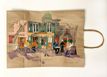 Schilderij getiteld "Cafe in Barcelona" door Bogdan Shiptenko, Origineel Kunstwerk, Aquarel