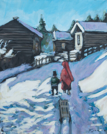 Painting titled "With the sled" by Bogdan Tigan, Original Artwork, Oil