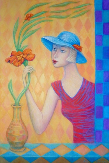 Peinture intitulée "Kobieta i kwiat" par Bohdan Wincenty Łoboda, Œuvre d'art originale, Acrylique