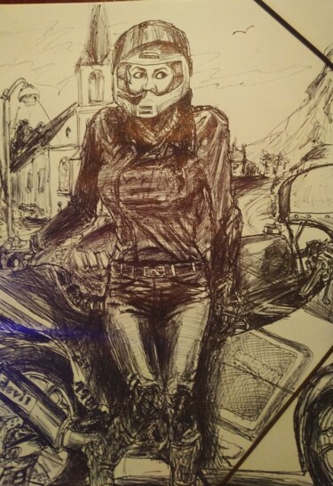 Dessin intitulée "La motarde" par Bohmert Frederic, Œuvre d'art originale, Stylo à bille