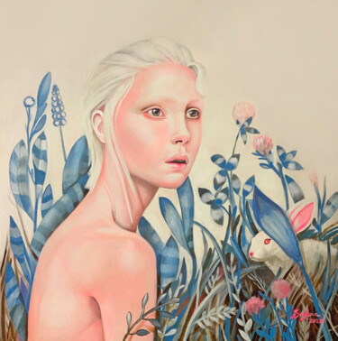 Painting titled "White Rabbit" by Bojana Knezevic, Original Artwork, Acrylic Mounted on Wood Panel