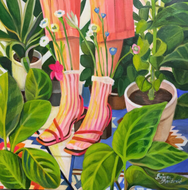 Painting titled "Private Jungle" by Bojana Knezevic, Original Artwork, Acrylic Mounted on Wood Panel