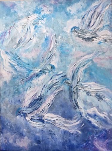 Картина под названием "Birds in the sky" - Svitlana Bozhesku, Подлинное произведение искусства, Акрил Установлен на Деревянн…