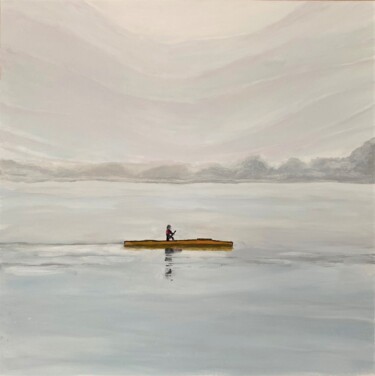 Painting titled "Alone in canoe" by Svitlana Bozhesku, Original Artwork, Acrylic Mounted on Wood Stretcher frame