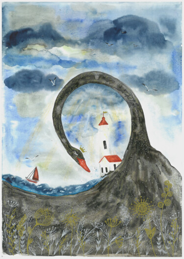 Malerei mit dem Titel "Lighthouse and sea" von Ekaterina Bokova, Original-Kunstwerk, Aquarell