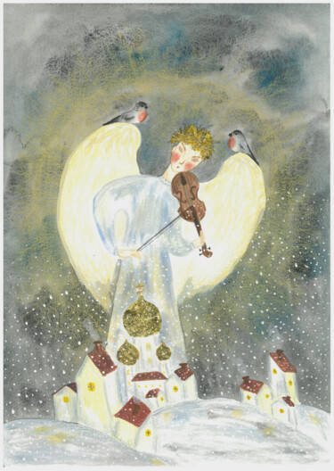 Malerei mit dem Titel "Winter angel" von Ekaterina Bokova, Original-Kunstwerk, Aquarell