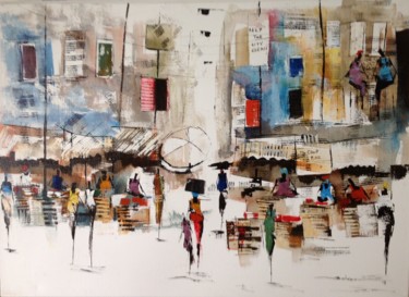 Painting titled "Market square" by Ebenezer Borlabie, Original Artwork, Acrylic