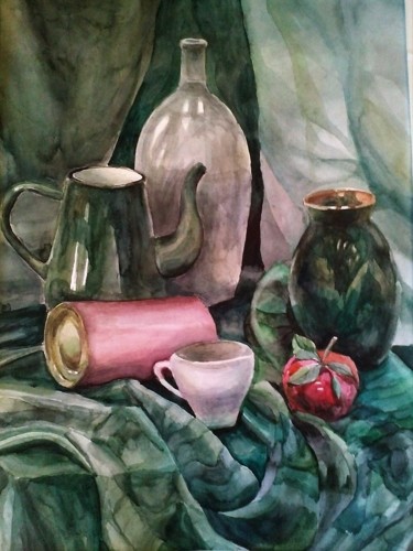 Painting titled "Still life in green…" by Frolova Anastasia, Original Artwork