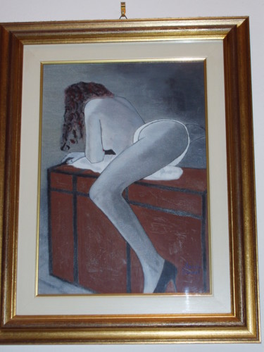 Pittura intitolato "donna sul baule" da Borizio, Opera d'arte originale, Olio