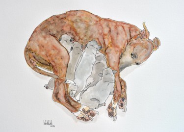Painting titled "Whippet Maternity II" by Barake Sculptor, Original Artwork, Ink