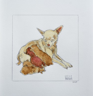 Painting titled "CHIHUAHUA MATERNITY…" by Barake Sculptor, Original Artwork, Graphite