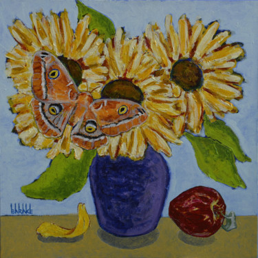 Painting titled "MOTH WITH SUNFLOWERS" by Barake Sculptor, Original Artwork, Acrylic
