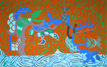 Painting titled "Fish scales-foliage…" by Katia Bondar, Original Artwork, Acrylic Mounted on Wood Panel