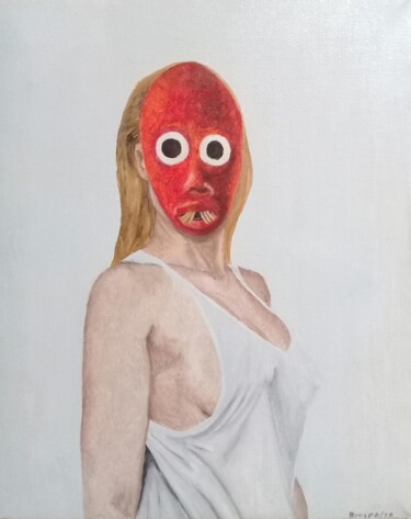 Schilderij getiteld "Rubia con máscara r…" door Bonifacio Contreras, Origineel Kunstwerk, Olie