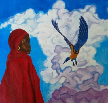 Painting titled "Niña con ave." by Bonifacio Contreras, Original Artwork, Oil