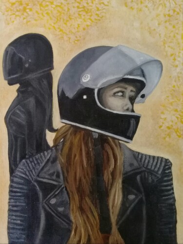 Malerei mit dem Titel "Chicas biker motoci…" von Bonifacio Contreras, Original-Kunstwerk, Öl