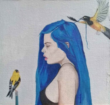 Schilderij getiteld "Mujer con pájaro" door Bonifacio Contreras, Origineel Kunstwerk, Olie