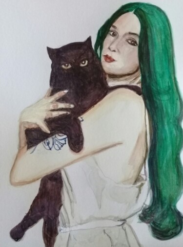 Schilderij getiteld "Ella con gato negro" door Bonifacio Contreras, Origineel Kunstwerk, Aquarel