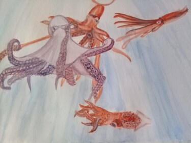 Painting titled "Calamares contra pu…" by Bonifacio Contreras, Original Artwork, Watercolor