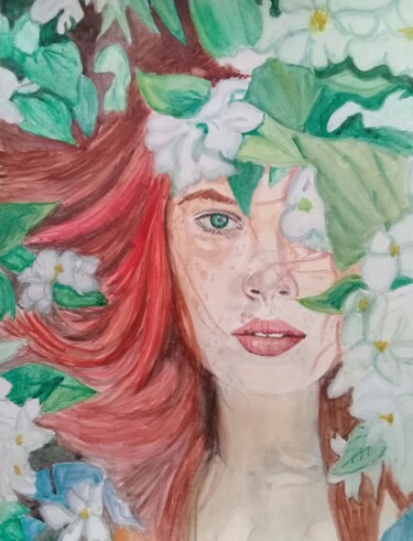 Картина под названием "Mirada entre flores" - Bonifacio Contreras, Подлинное произведение искусства, Акварель